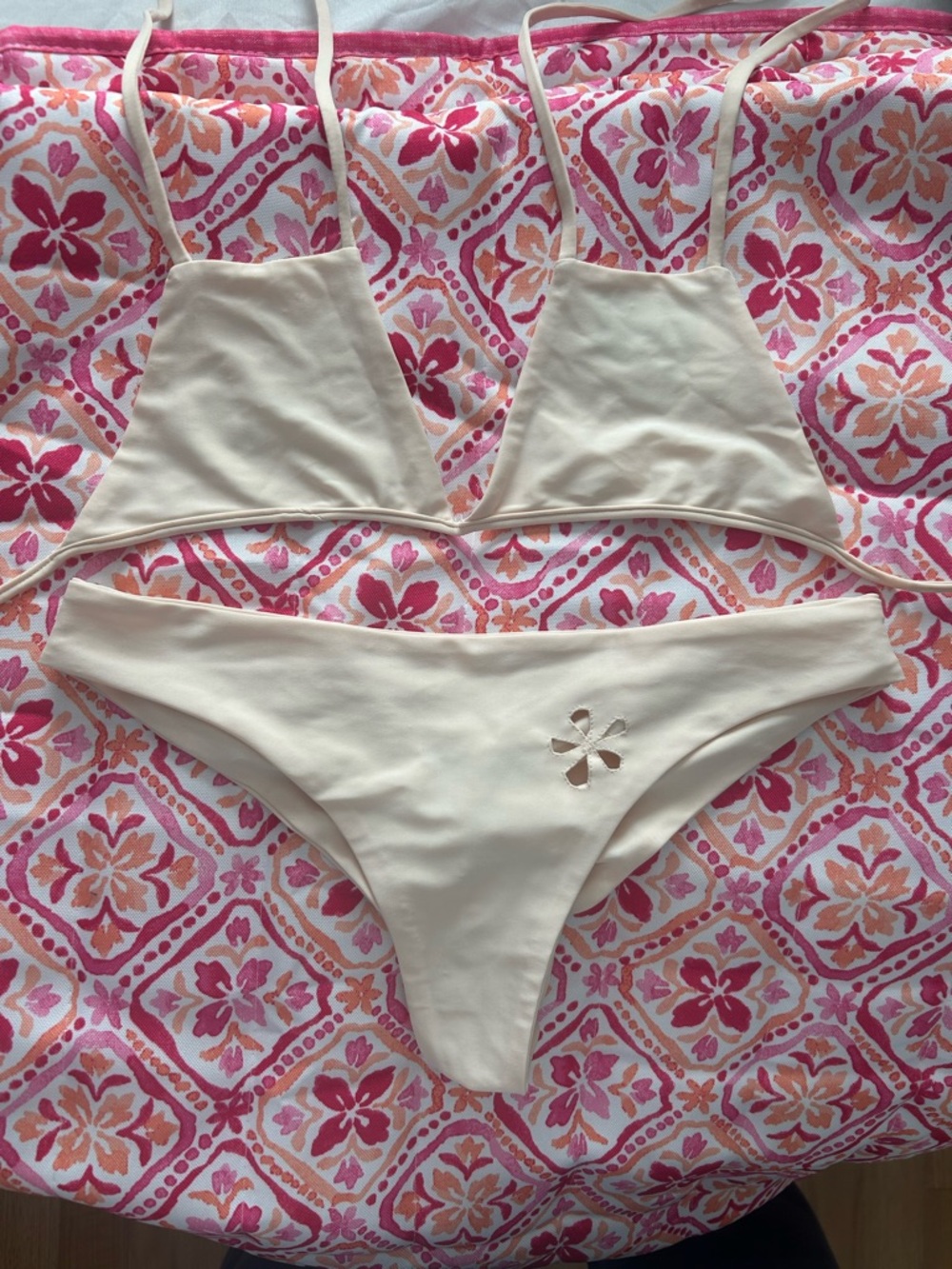 Cream Bikini Set with Floral Cutout & Ruched Bottoms